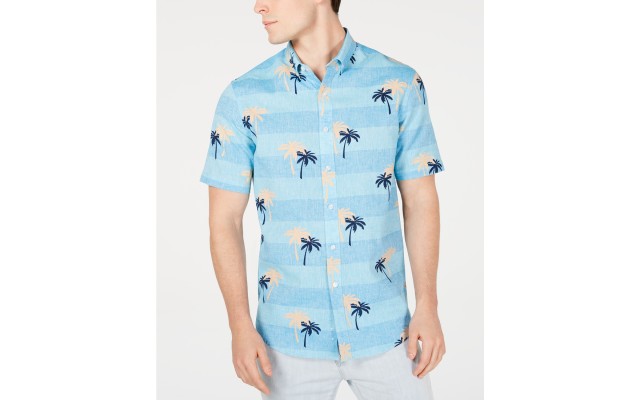  Men's Tropical Print Linen Shirt, Navy, X-Large