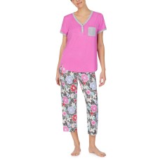 Cuddl Duds Henley Top & Capri Pants Pajama Set (Pink, Medium)