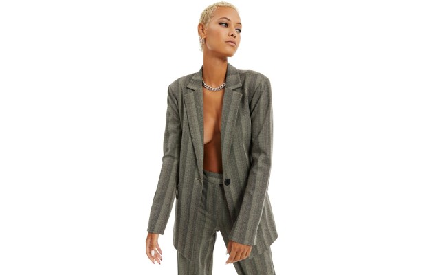  Women’s Herringbone Striped Blazer (Gray, Medium)