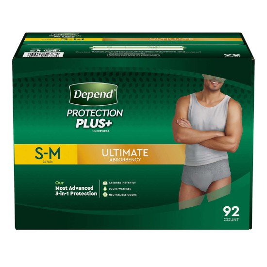  Protection Plus Ultimate Underwear for Men (SM, L, XL), Gray - Small/Medium - 92 count