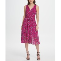 DKNY Chiffon Floral Double-V Wrap Midi Dress