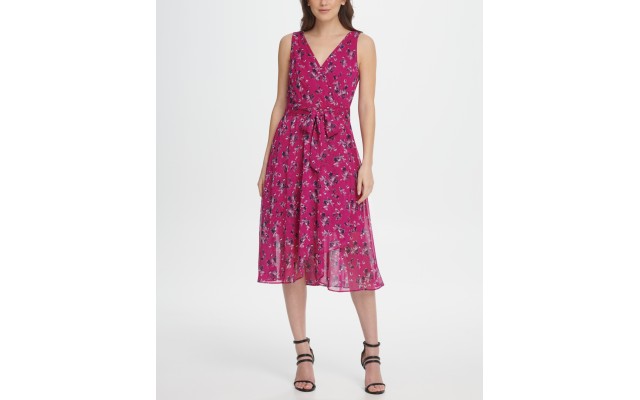  Chiffon Floral Double-V Wrap Midi Dress