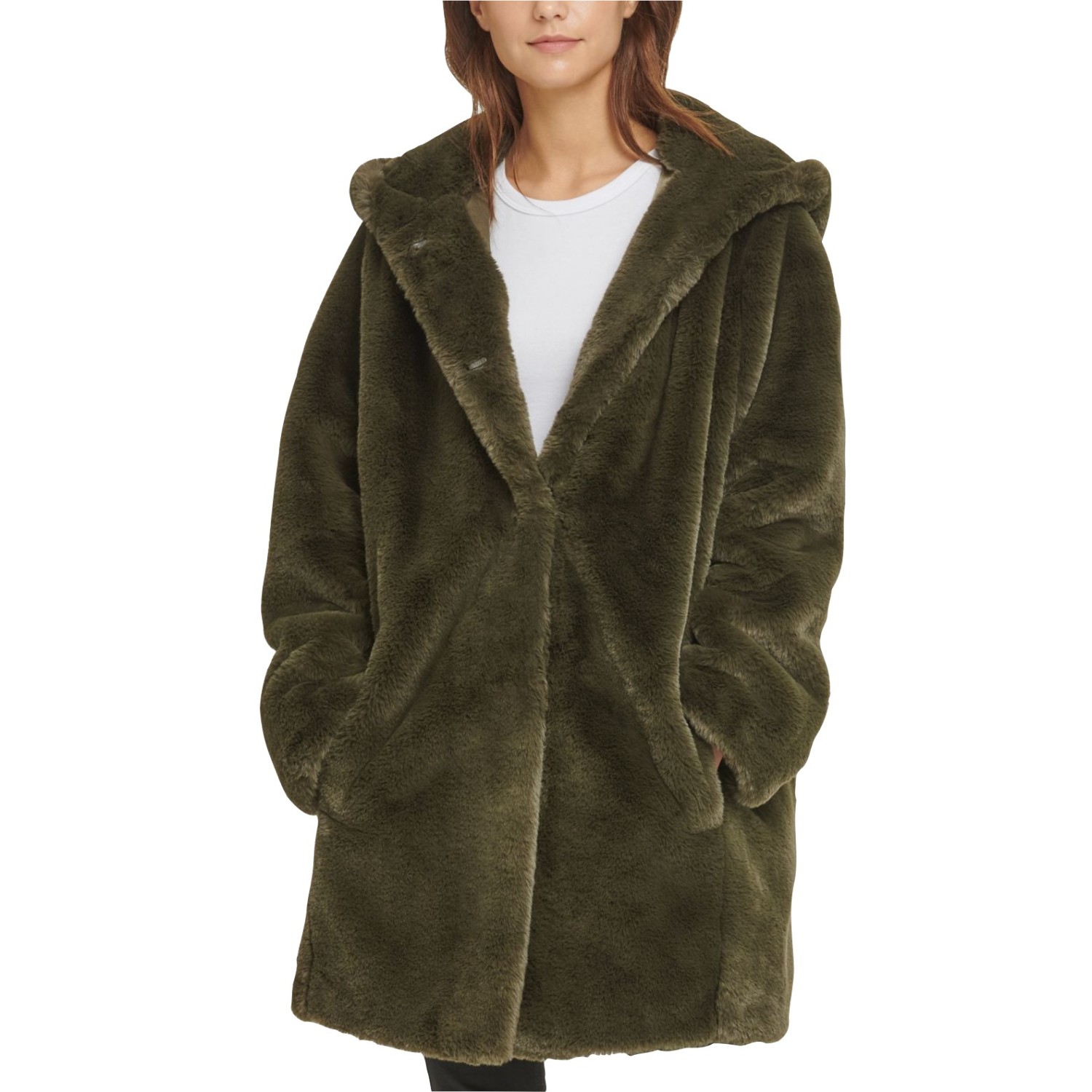 dkny hooded faux fur coat