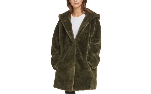  Hooded Faux-Fur Coat, Green, M
