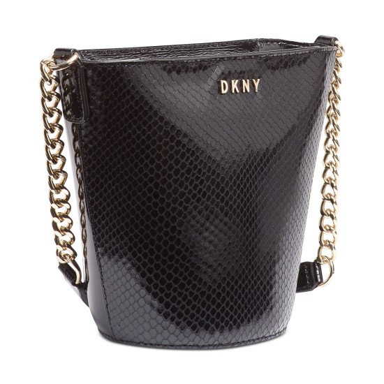  Kim Snake-Embossed Chain Leather Bucket Bag (Black/Gold, Small)