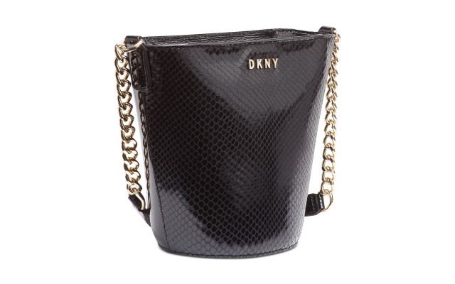  Kim Snake-Embossed Chain Leather Bucket Bag (Black/Gold, Small)