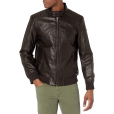 Dkny Men’s Faux Leather Quilted Shoulder Bomber Jacket Brown, S