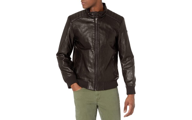  Men’s Faux Leather Quilted Shoulder Bomber Jacket Brown, S