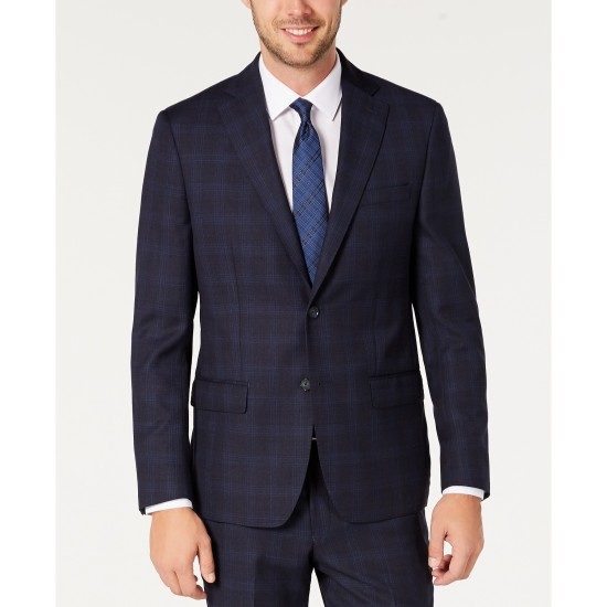  Men’s Modern-Fit Stretch Navy Windowpane Suit Separate Jacket