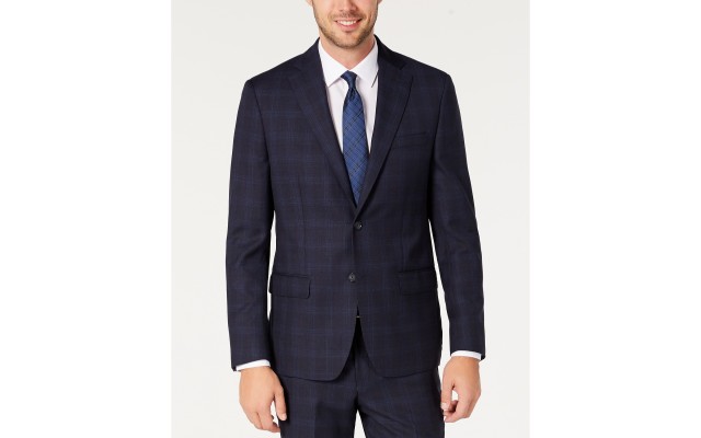  Men’s Modern-Fit Stretch Navy Windowpane Suit Separate Jacket