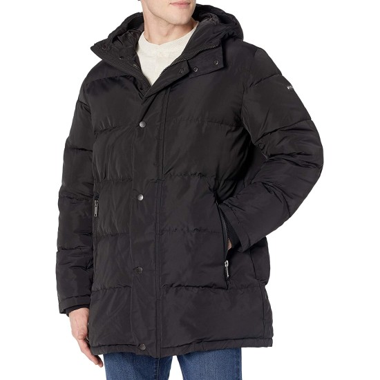  Men’s Patrick Quilted Water Resistant Hooded City Full Length Parka Jackets, Black, X-Large