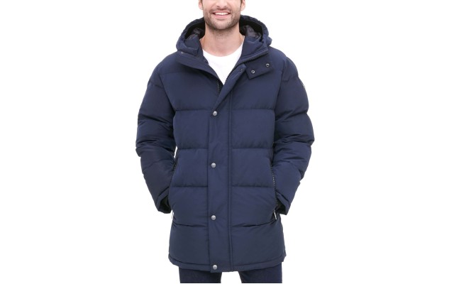  Men’s Patrick Quilted Water Resistant Hooded City Full Length Parka Jackets, Navy, Medium