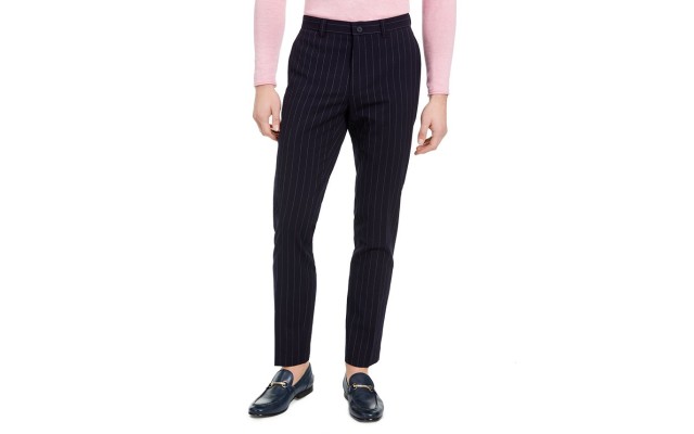  Men’s Slim-Fit Stretch Navy Blue Seersucker Stripe Suit Pants
