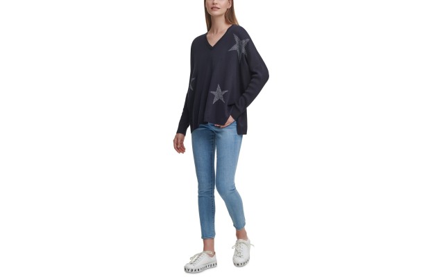  Star-Print Drop-Shoulder Sweater (Silver, Small)