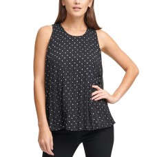DKNY Women’s Pleated Foil Star-Print Sleeveless Top (Black Silver, Xs)