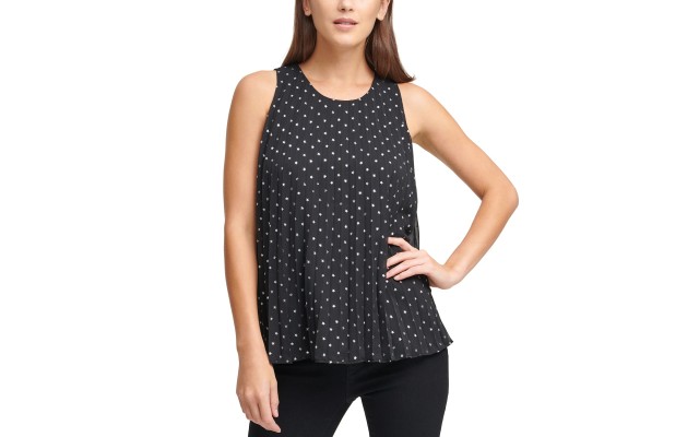 Women’s Pleated Foil Star-Print Sleeveless Top (Black Silver, Xs)