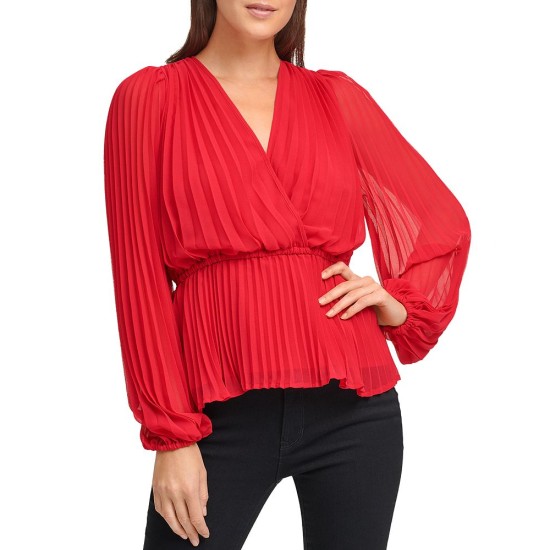  Women’s  Pleated V-Neck Wrap Blouse, Red, Small