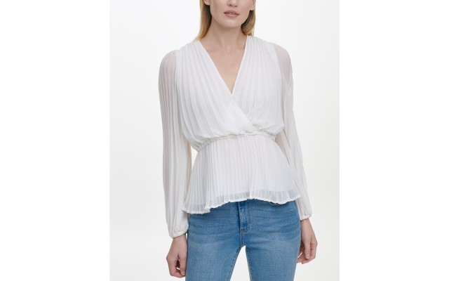  Women’s  Pleated V-Neck Wrap Blouse, White, Small