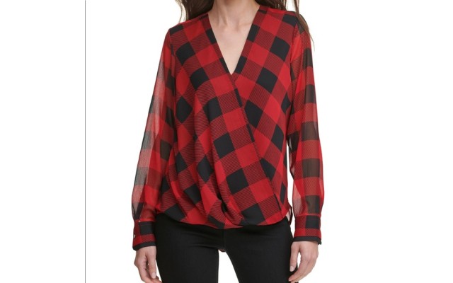  Women’s Printed Wrap Top (Red, Small)