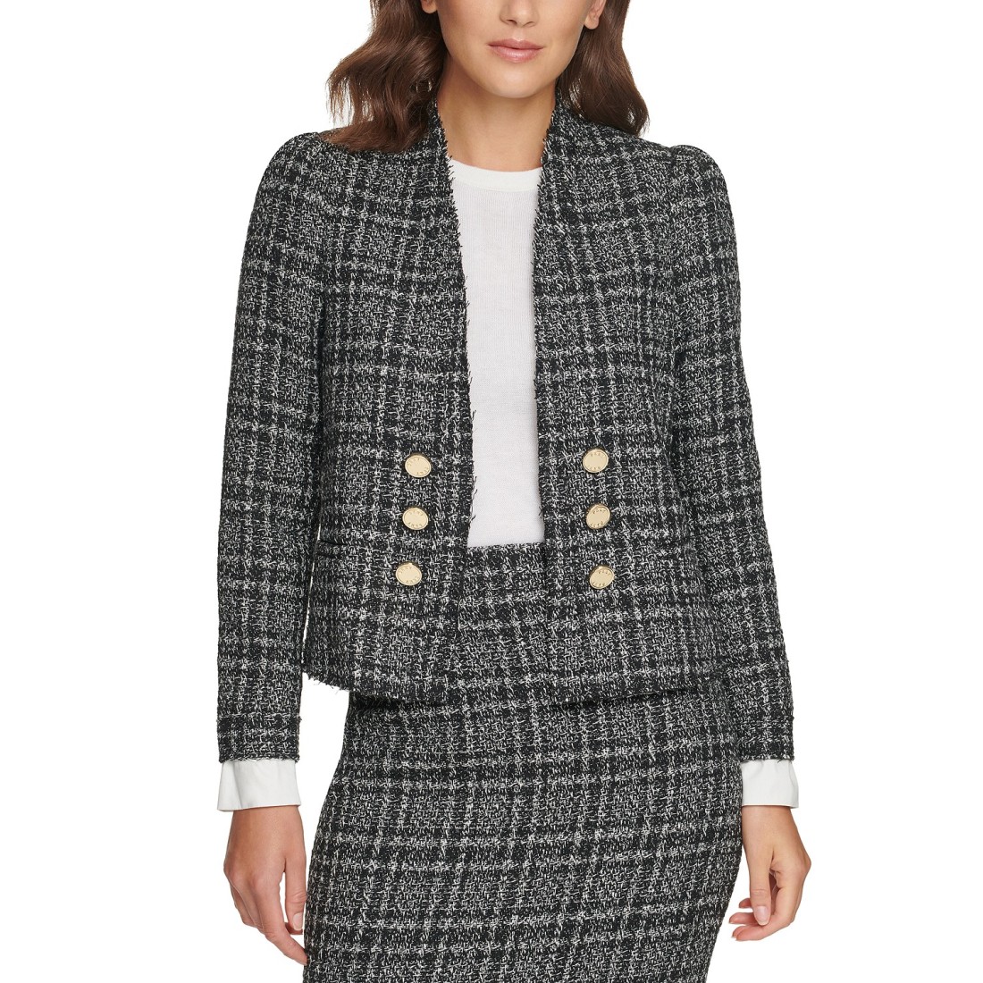 Dkny Women’s Six-button Plaid Blazer (Black-White, 6)