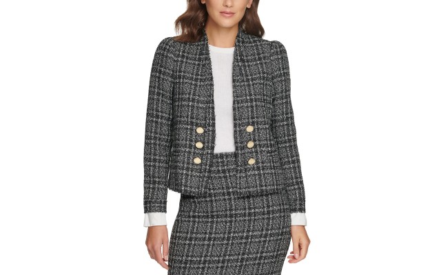  Women’s Six-button Plaid Blazer (Black-White, 6)
