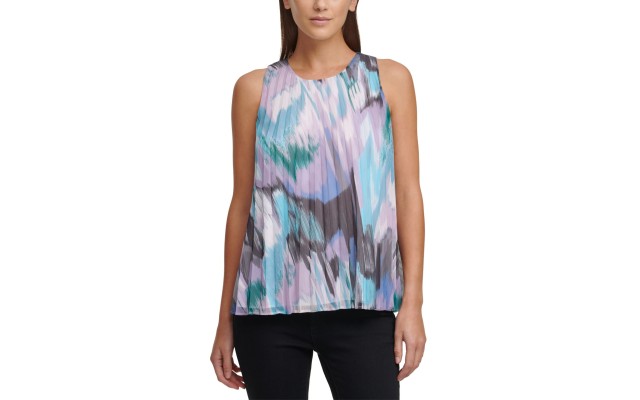  Women’s Sleeveless Pleated Chiffon Top (Purple, Small)