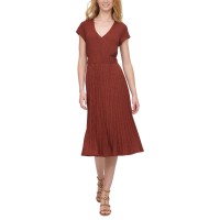 DKNY Women's Textured Midi V-Neck Knit Dress, Red, X-Large