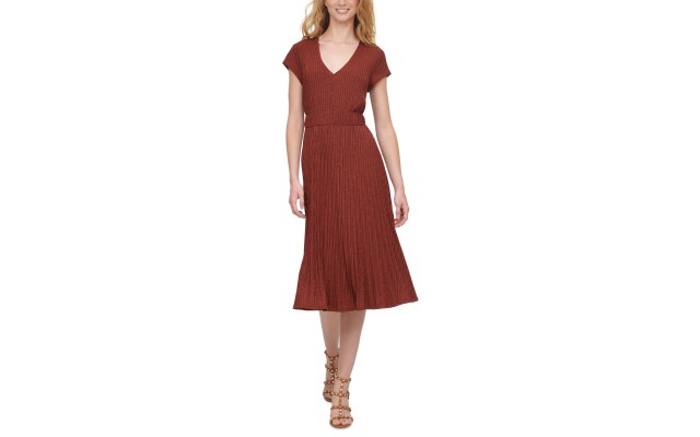  Women's Textured Midi V-Neck Knit Dress, Red, X-Large
