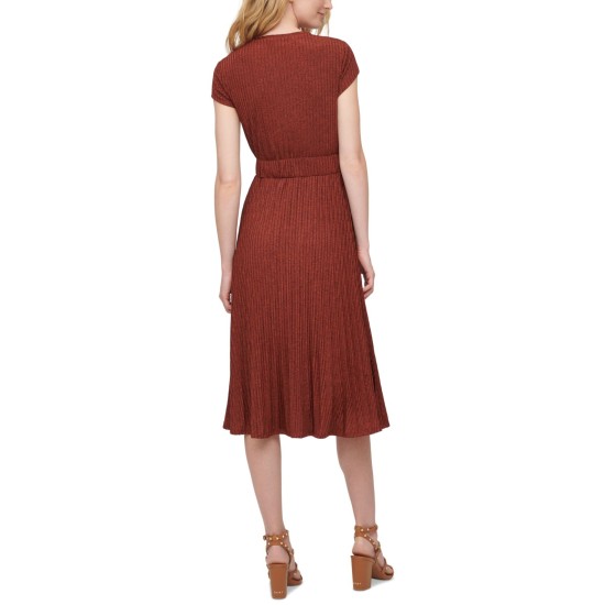  Women's Textured Midi V-Neck Knit Dress, Red, X-Large