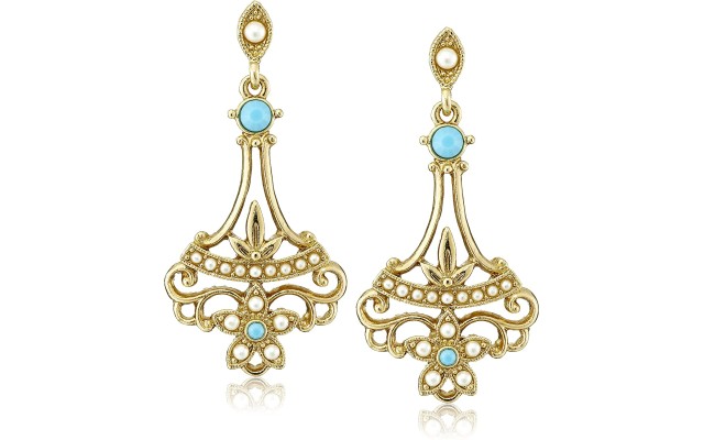  Boxed Gold-Tone Simulated Pearl And Imitation Drop Earrings(Turquoise)