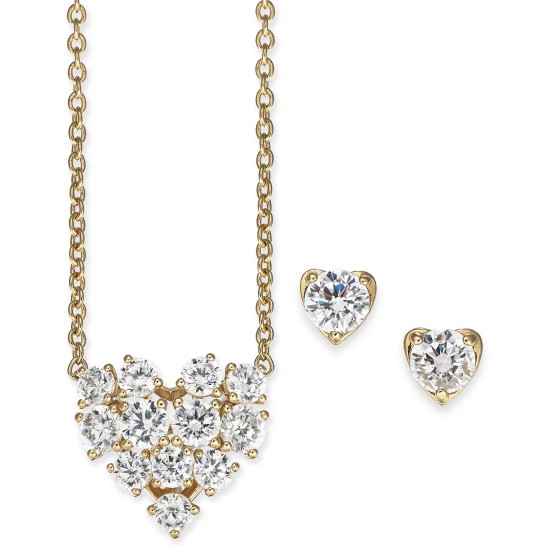  Crystal Heart Pendant Necklace & Stud Earrings Set (Silver)