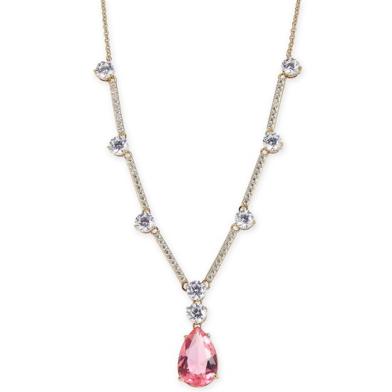  Gold-Tone Crystal & Stone Statement Necklace, 16″ + 1″ Extender, Pink