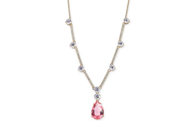  Gold-Tone Crystal & Stone Statement Necklace, 16″ + 1″ Extender, Pink