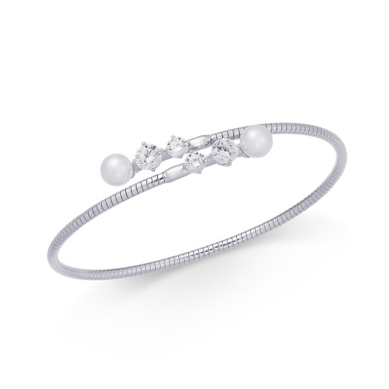  Imitation Pearl & Cubic Zirconia Bypass Bracelet (Silver)