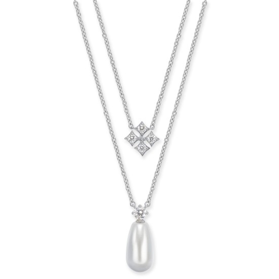  Imitation Pearl & Cubic Zirconia Layered Pendant Necklace (Silver)