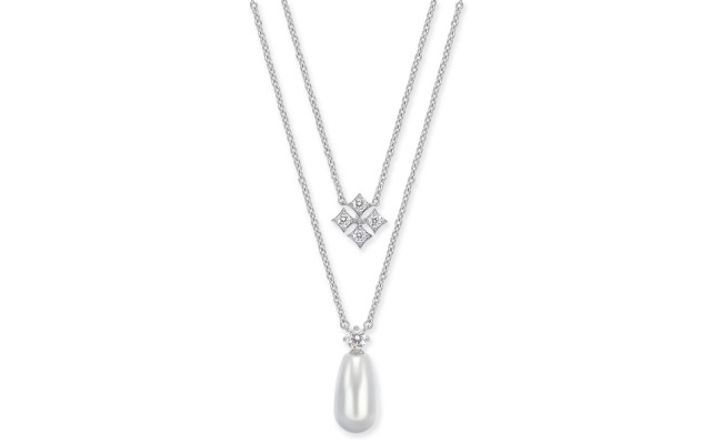  Imitation Pearl & Cubic Zirconia Layered Pendant Necklace (Silver)