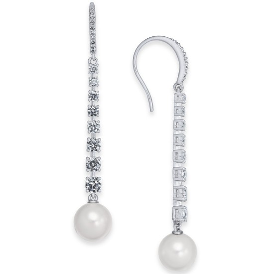  Imitation Pearl & Cubic Zirconia Linear Drop Earrings (Silver)