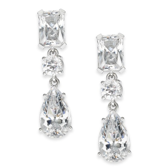 Silver-Tone Crystal Drop Earrings (Silver)