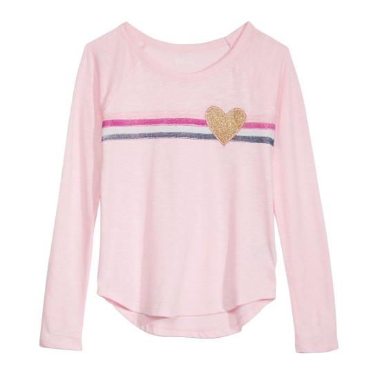  Big Girls Striped Heart T-Shirts, Pink, Small