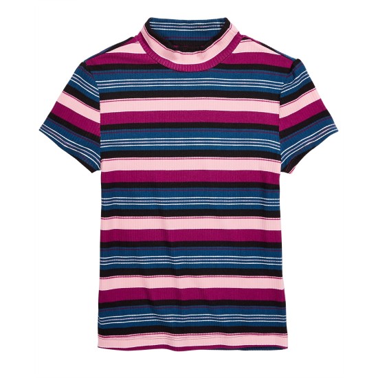  Big Girls Striped Ribbed T-Shirts, Pink, Small