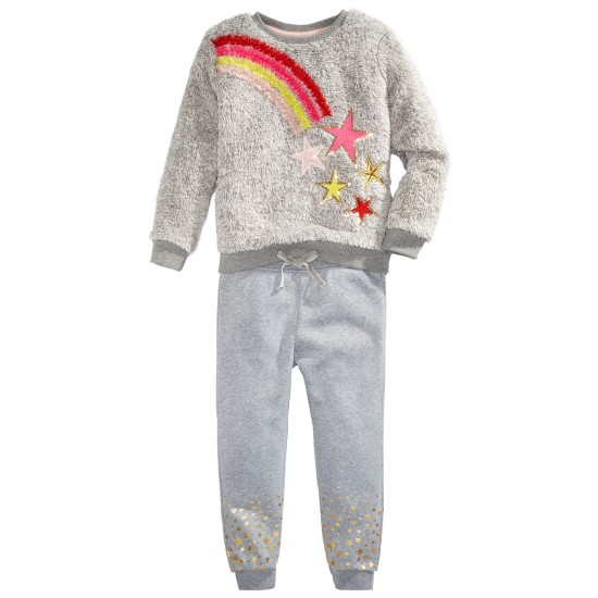  Toddler Girls Faux-Fur Rainbow Star Sweatshirt Set (Gray, 3T)