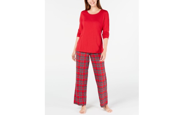 2-pc. Solid Top Plaid Pants Brinkley Plaid Pajama Set (Red, Medium)
