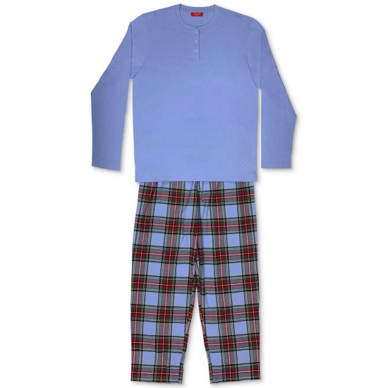  Mens Mixit Solid Henley Top Oversized Tartan Pajama Set (Navy, Large)