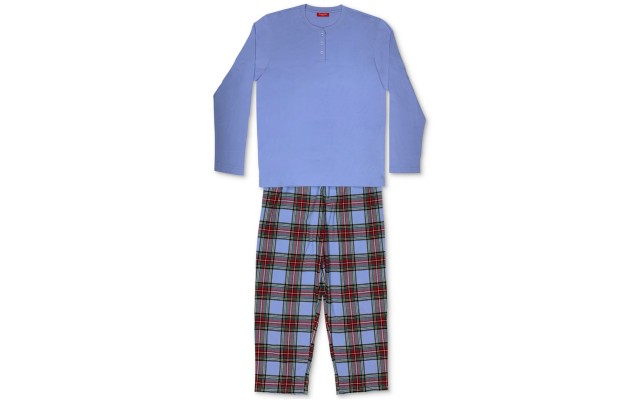  Mens Mixit Solid Henley Top Oversized Tartan Pajama Set (Navy, Large)