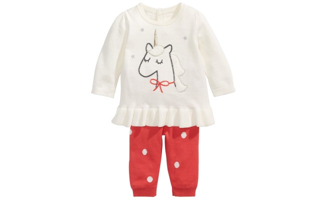  Baby Girls 2-Pc. Cotton Unicorn Tunic Sweater & Leggings Set (Pink, 12Mos)
