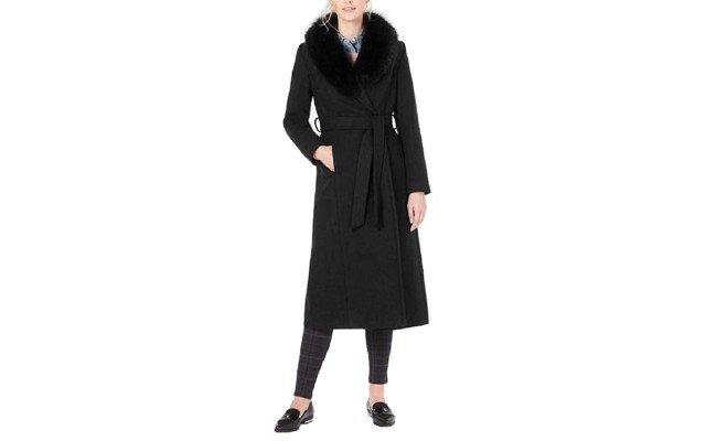  Womens Fox-Fur-Collar Belted Maxi Wrap Coats, Black, 6
