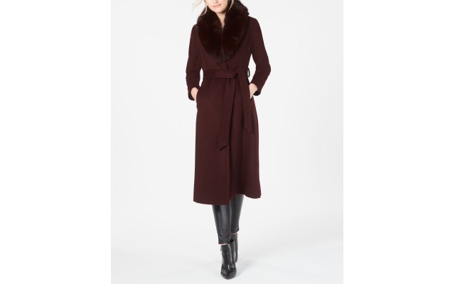  Womens Fox-Fur-Collar Belted Maxi Wrap Coats, Red, 6