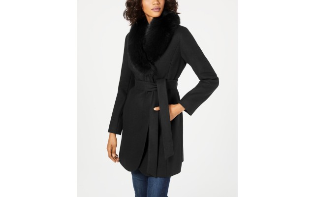  Womens Fox-Fur-Collar Belted Wrap Coats, Black, 16