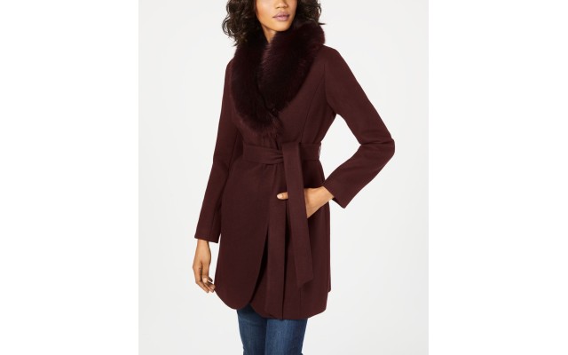  Womens Fox-Fur-Collar Belted Wrap Coats, Red, 2