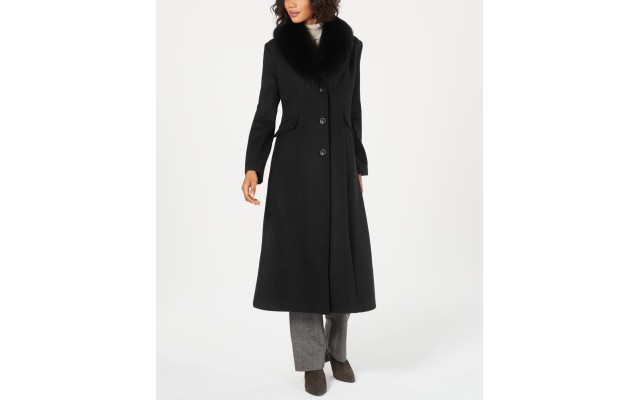  Womens Fox-Fur-Collar Maxi Reefer Coats, Black, 8